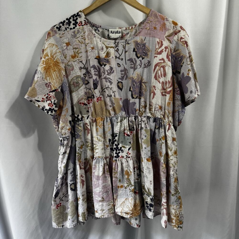 Arula Womens Top size X Floral Gray Boho Tiered Short Sleeve Blouse Hippie Art